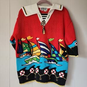 Vintage Berek 2 Sweater Nautical Sailing Ships Boats Oversized Retro 80s L